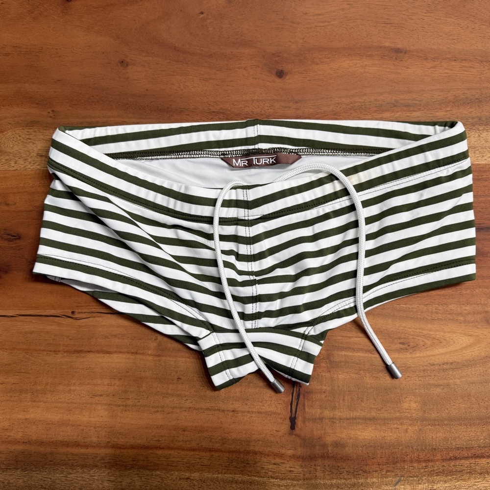 Mr Turk Green and White Striped Swim Trunks